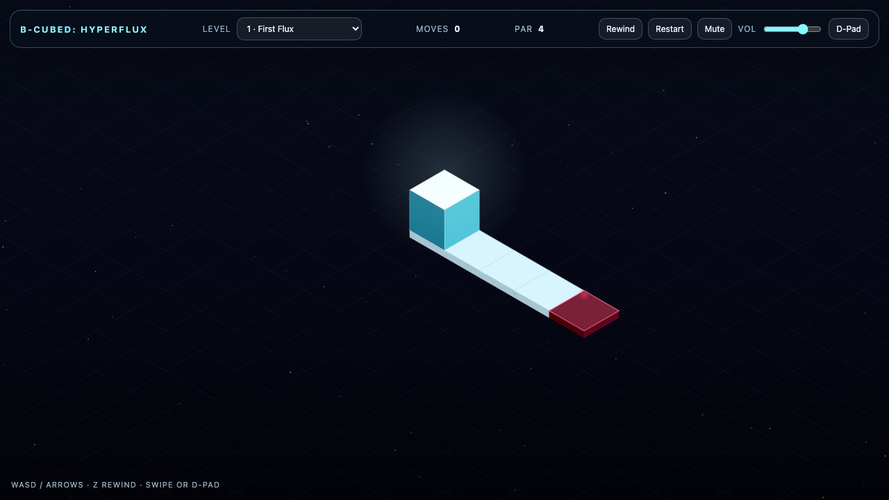 Isometric vapor-glass view of B-Cubed: Hyperflux: a glowing cube on floating cyan tiles above a dark starfield, with a red nebula portal.