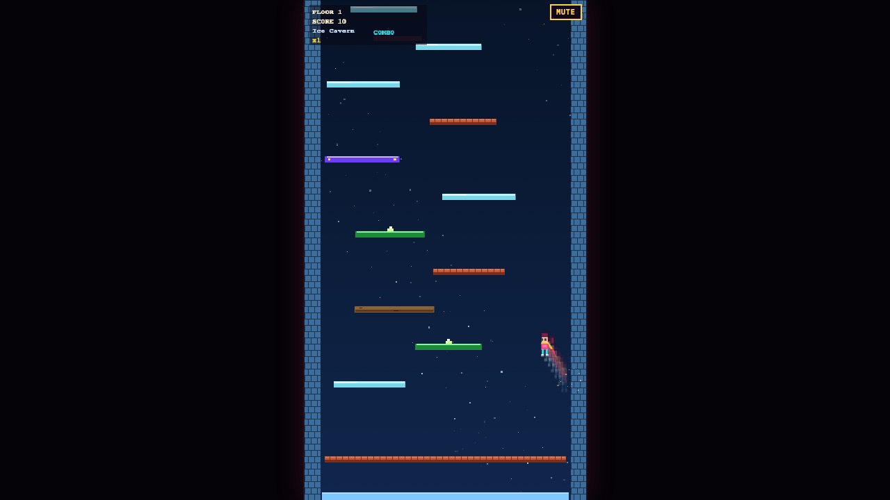 Portrait pixel stage of Michaela's Apex: Tower Ascension, letterboxed on a dark field. Michaela wall-kicks through the Ice Cavern with a ribbon trail, HUD showing floor, score, and combo.
